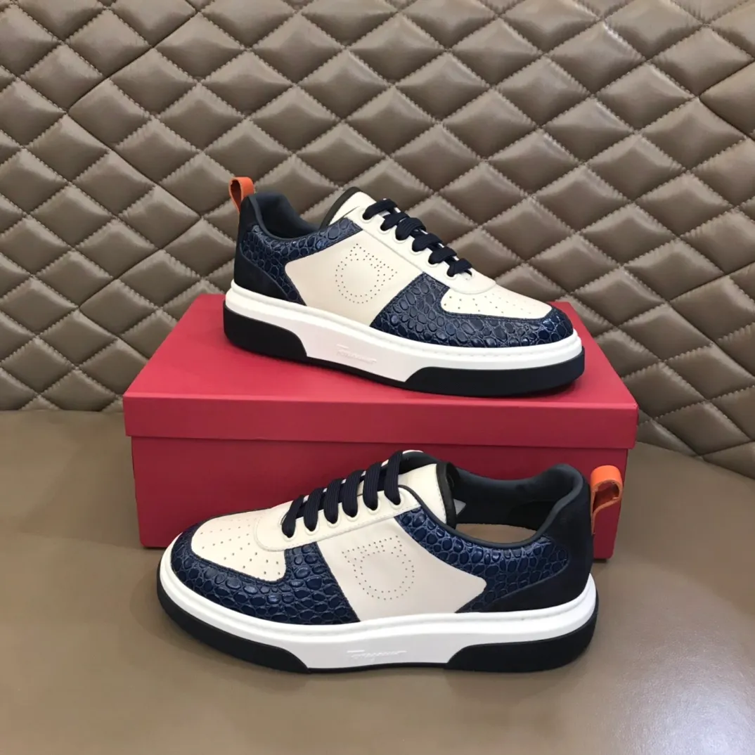 p420 "Salvatore Ferraga**" men's low-cut fashion sneakers. This casual shoe has a novel structure and is made of soft calfskin. The contrasting color elements on the upper highlight the bold and avant-garde atmosphere. The first-layer cowhide lining is high-end and comfortable. Energetic and fresh, these shoes can be worn with casual looks or add a touch of street style to elegant trousers.  Size: 38-44